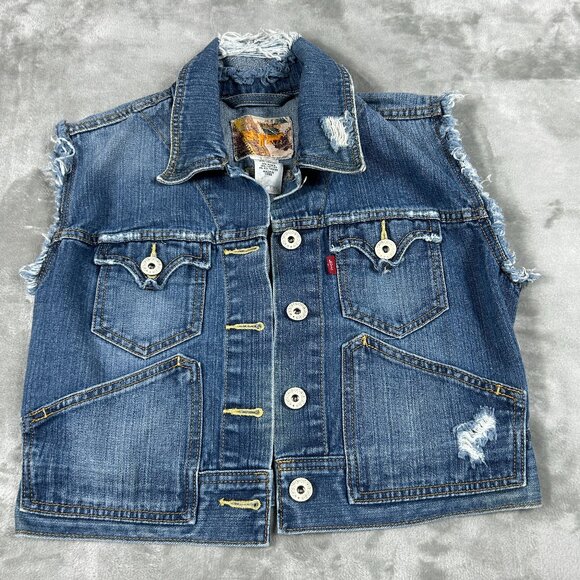 Levi's Vest Women's Large Denim Distressed Frayed 4 Pocket White Buttons VTG - Picture 1 of 9